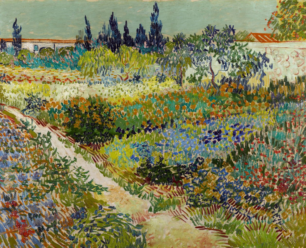 ""Näkymä kukkivasta puutarhasta polulla"" (Kukkiva puutarha polulla) Vincent van Goghin (1853-1890) maalaus 1888 Gemeentemuseum Den Haag, Haag, Alankomaat tekijältä Vincent van Gogh