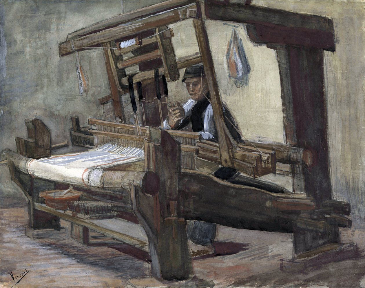 Weaver (tisserand) par Gogh, Vincent, van (1853-1890). Kynä, sivellin, vesiväri, intialainen muste paperille, koko: 35,7x45,1 tekijältä Vincent van Gogh