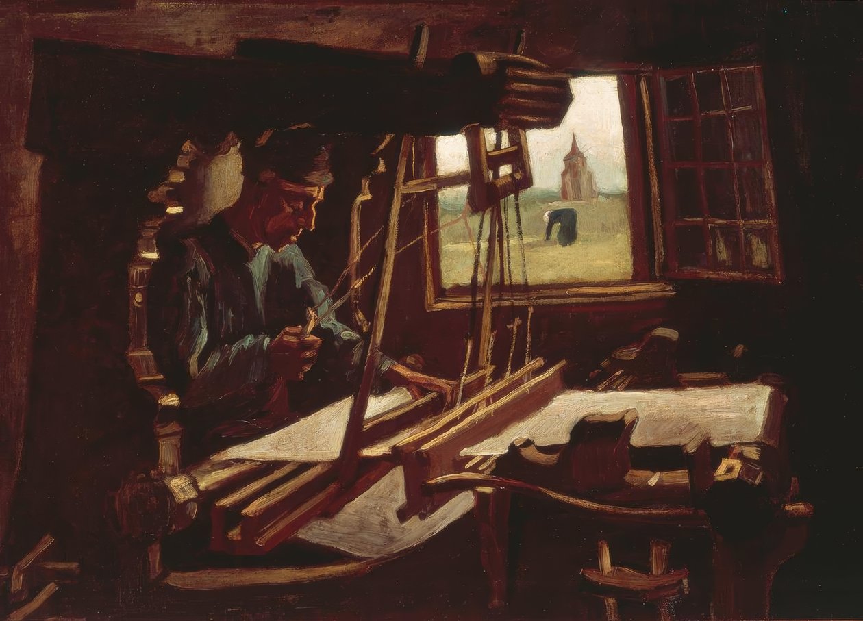 Weber avoimen ikkunan edessä, josta on näkymä Nuenen torniin tekijältä Vincent van Gogh