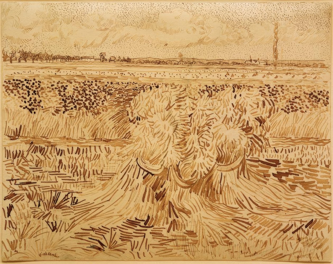 Vehnäpellolla viljanippuja tekijältä Vincent van Gogh