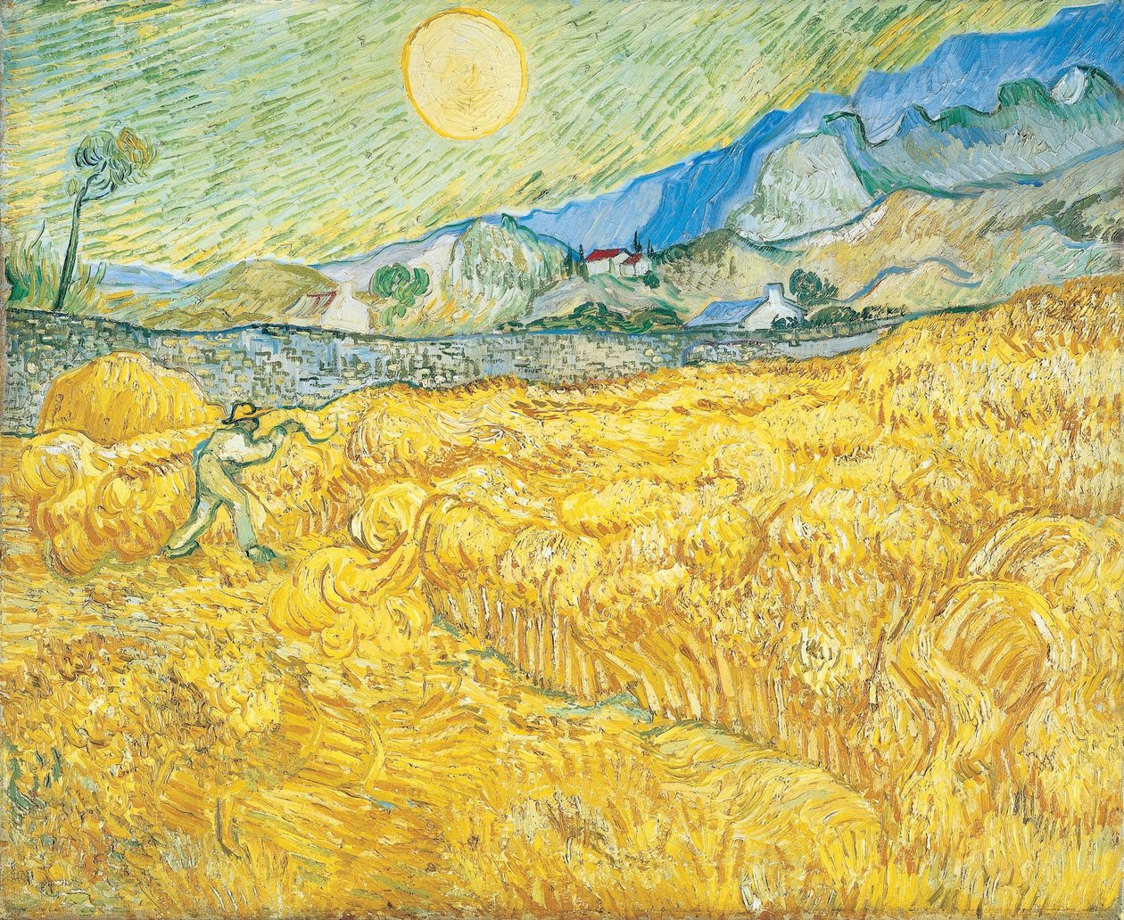 Saint-Paul-sairaalan takana oleva vehnäpelto, jossa on leikkuukone tekijältä Vincent van Gogh
