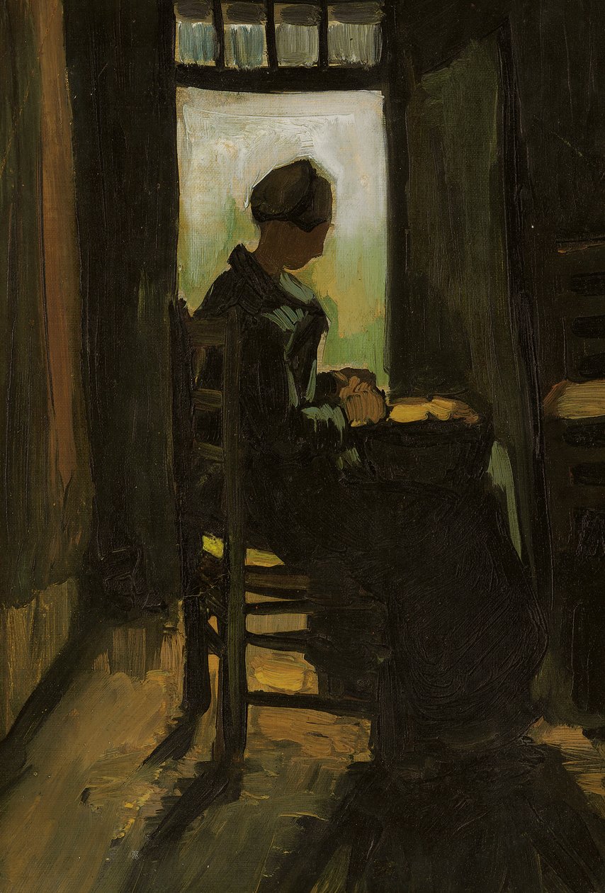 Nainen istuu avoimen oven edessä, kuorii perunoita, 1885 tekijältä Vincent van Gogh