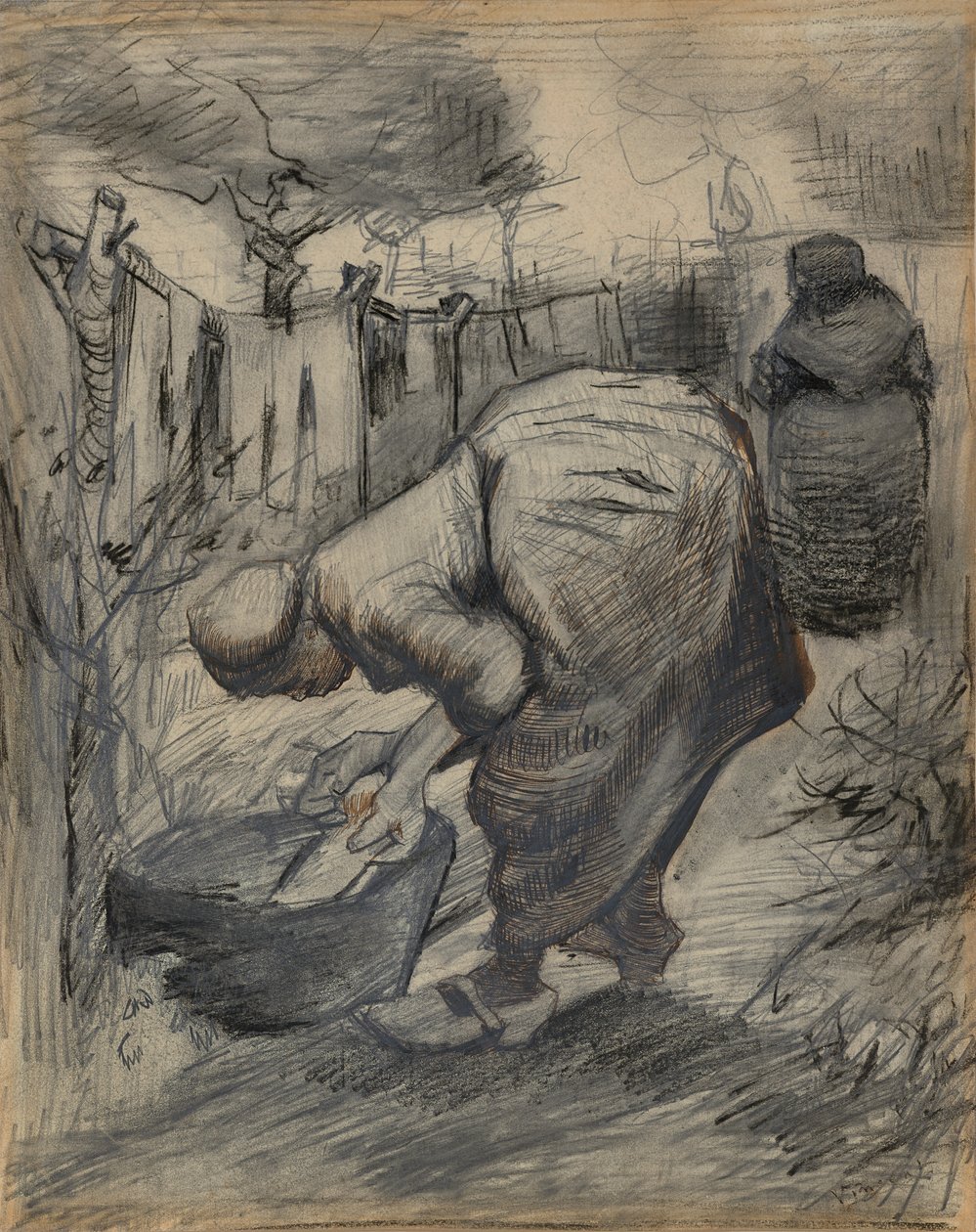 Nainen pesualtaan ääressä, puutarhassa tekijältä Vincent van Gogh