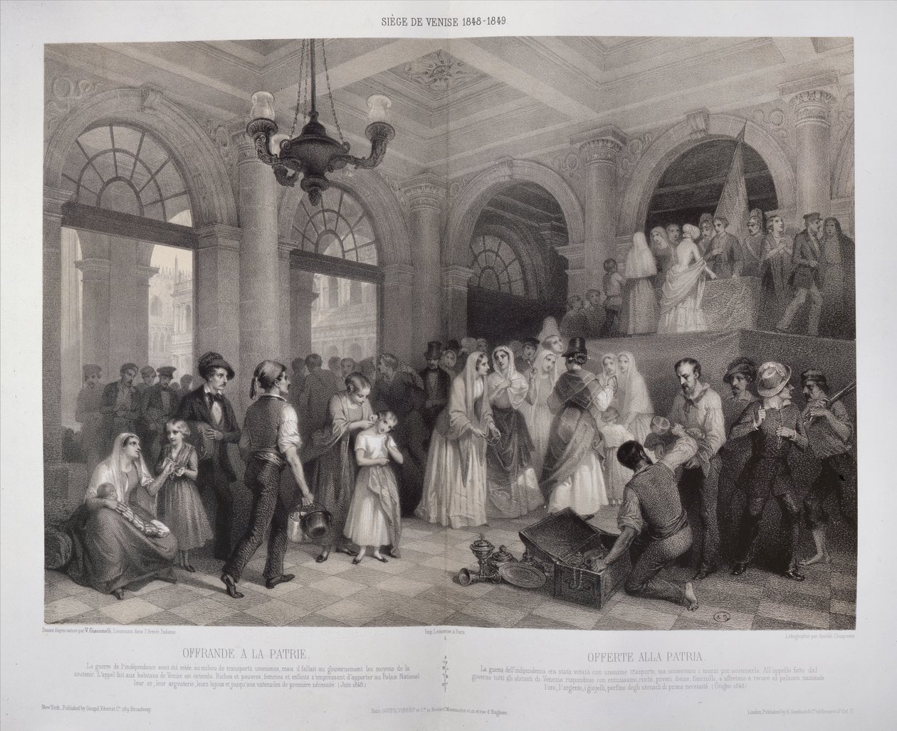 Naiset lahjoittavat jalokivinsä auttamaan vallankumousta Venetsian piirityksen aikana 1848-1849 tekijältä Vincenzo after Giacomelli