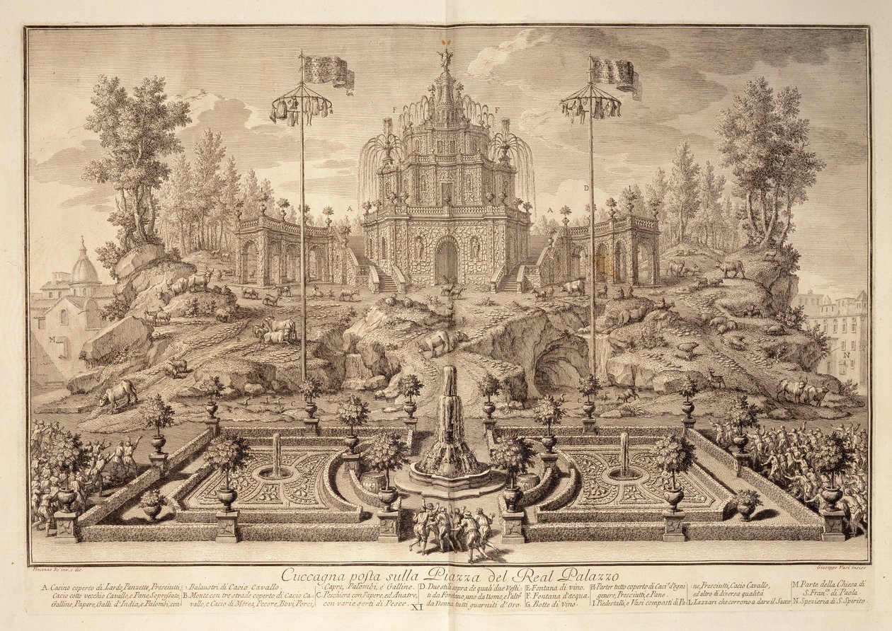 Cuccagna, Narrazione delle Solemni Reali Feste, kaiverrettu Giuseppe Vasi (1710-82), julkaistu 1749 tekijältä Vincenzo dal Re