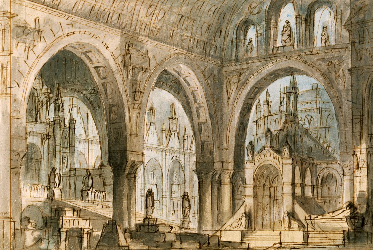 La Fenice -teatterissa Venetsiassa esitettävän Vincenzo Bellinin (1801-1835) oopperan Capuleti ja Montecchi neljännen kohtauksen lavastus Francesco Bagnara tekijältä Vincenzo Bellini