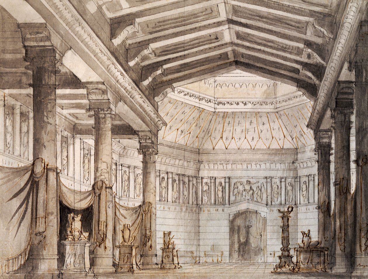 La Fenice -teatterissa Venetsiassa esitettävän Vincenzo Bellinin (1801-1835) oopperan Norman toisen kohtauksen lavastus Francesco Bagnara tekijältä Vincenzo Bellini