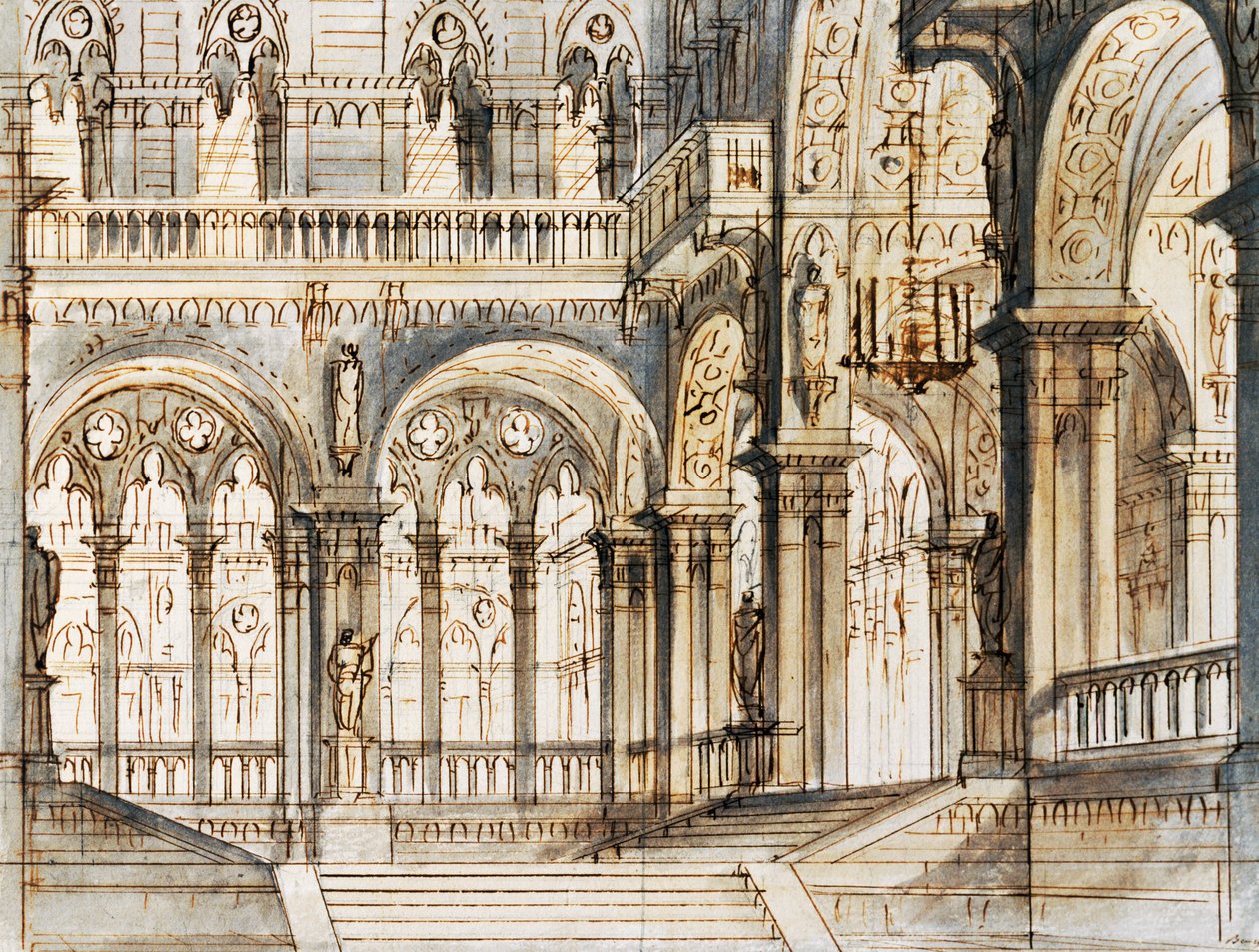 La Fenice -teatterissa Venetsiassa esitettävän Vincenzo Bellinin (1801-1835) oopperan Capuleti ja Montecchi kolmannen kohtauksen lavastus Francesco Bagnara tekijältä Vincenzo Bellini