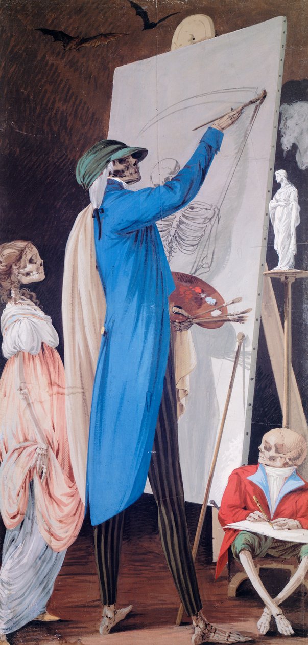 Taidemaalari ja hänen vaimonsa kääpiön kanssa, elokuvasta Cycle of Scenes of Living Skeletons, Paolo Vincenzo Bonomini (1757-1839), tempera kankaalle Santa Grata Inter Vites -kirkko, Borgo Canalessa, Bergamossa, Italiassa tekijältä Vincenzo Bonomini