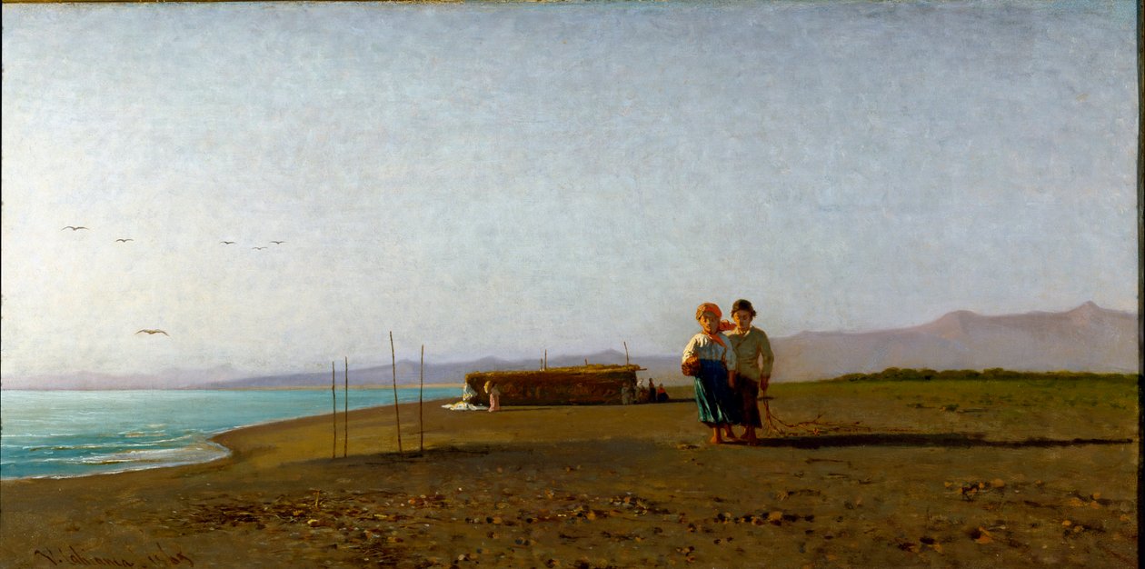 Näkymä rannalle Viareggiossa aamuaurinko Toscanan rannikolla, kaksi lapsen siluettia. Vincenzo Cabiancan (1827-1902) maalaus tekijältä Vincenzo Cabianca
