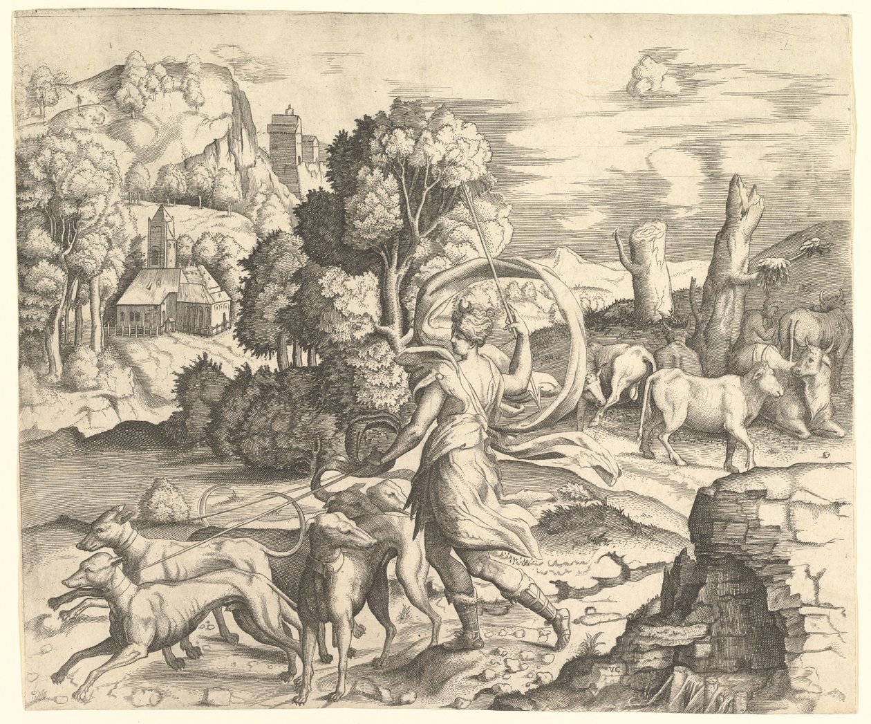 Diana metsästäjä maisemassa, n. 1530-42. tekijältä Vincenzo Caccianemici