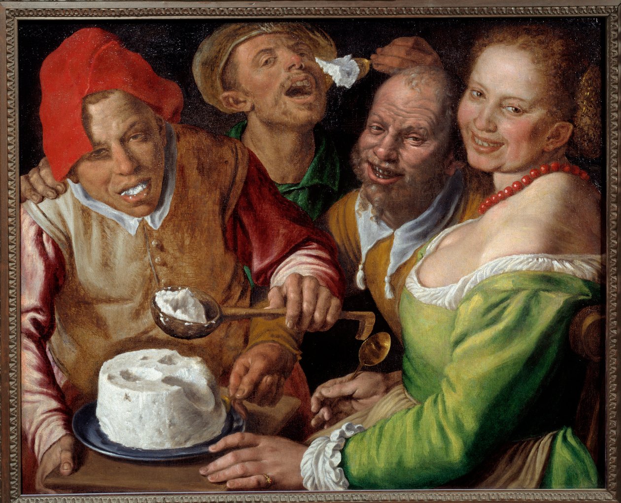 Ricotta Eaters Hahmot ilmeikkäillä ja groteskeilla kasvoilla syömässä juustoa kauhalla. Vincenzo Campin (1536-1591) maalaus tekijältä Vincenzo Campi