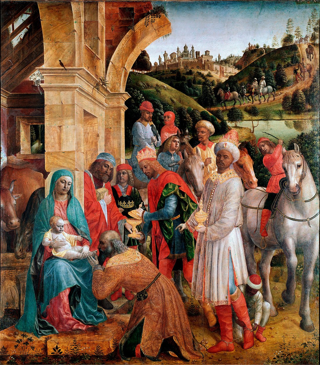 Vincenzo Foppan (n. 1427-1515) maalaus Maagien palvonta su. 239x210 cm Lontoo, National Gallery - Kuninkaiden palvonta, Vincenzo Foppa (n. 1427-1515). Öljy poppelille, 239x210 cm, n. 1500. National Gallery, Lontoo, Iso-Britannia tekijältä Vincenzo Foppa