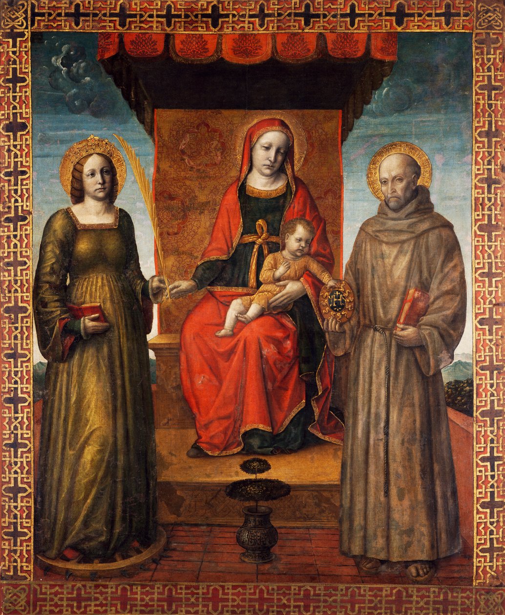 Valtaistuimella Madonna ja lapsi pyhien Bernardinon ja Katariina Aleksandrialaisen kanssa, Orzinuovin kulkuelipun kääntöpuoli, Vincenzo Foppa (n. 1427 - n. 1515), maalaus kankaalle. tekijältä Vincenzo Foppa