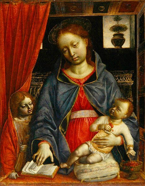 Madonna ja lapsi enkelin kanssa, n. 1479 (tempera paneelissa) tekijältä Vincenzo Foppa