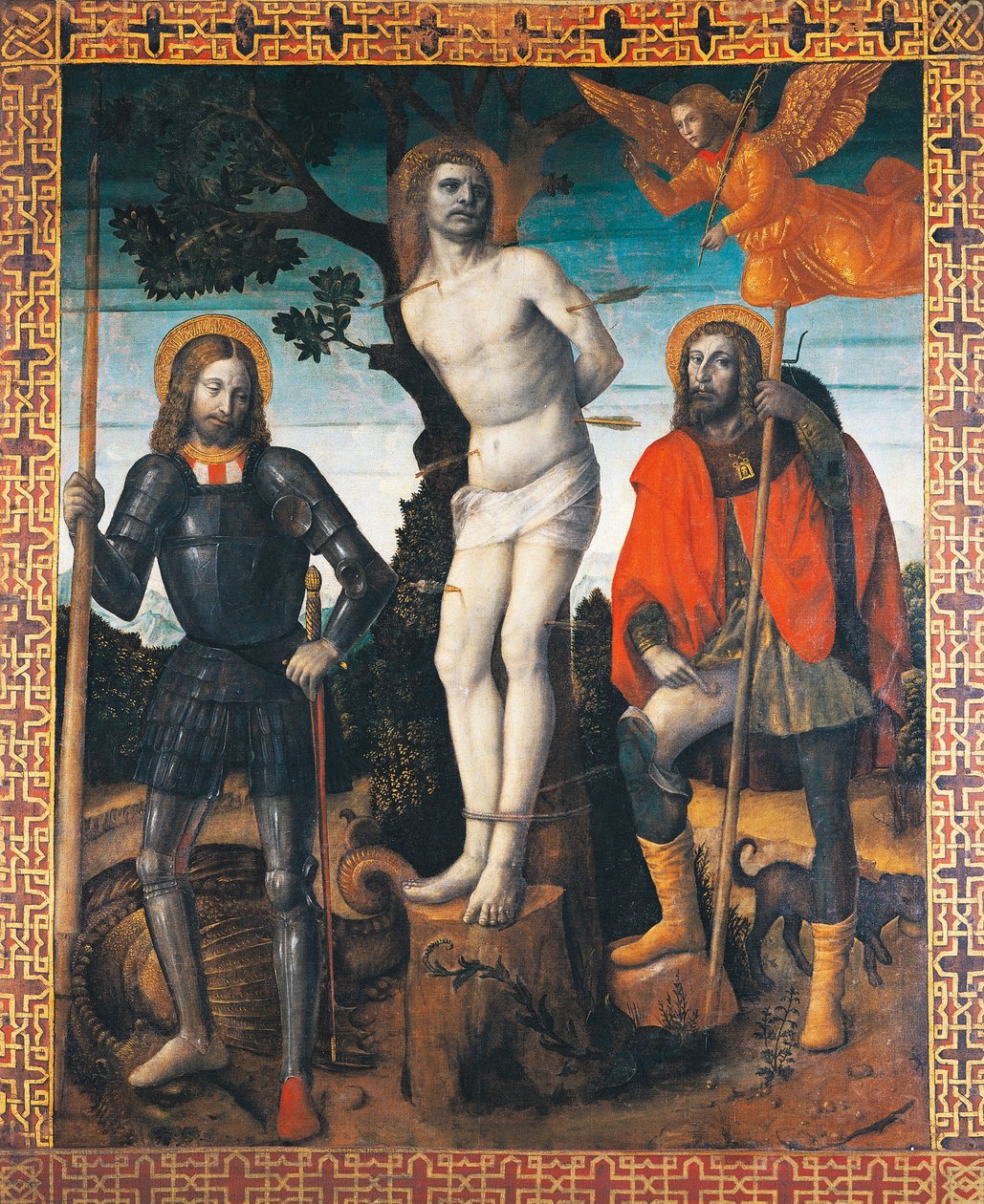 St Sebastian, St Rocco ja St Giorgio, Orzinuovin kulkuelipun kääntöpuoli, Vincenzo Foppa (n. 1427 - n. 1515), maalaus kankaalle. tekijältä Vincenzo Foppa