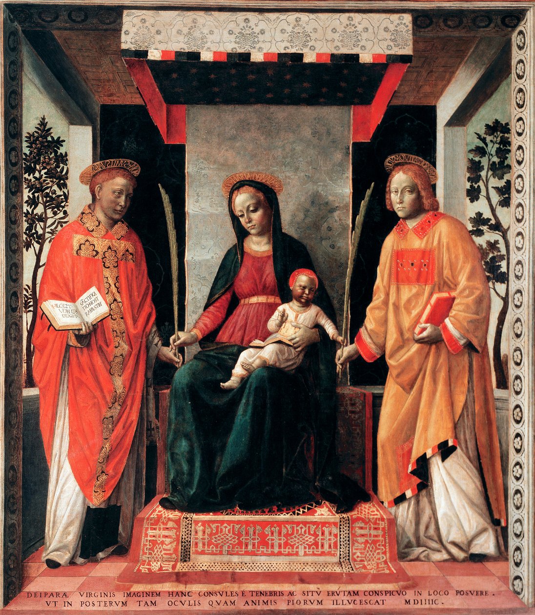 Neitsyt ja lapsi pyhien Faustinin ja Giovitan ympäröimänä (Brescian suojelijat Faustino ja Giovita) Vincenzo Foppan maalaus (noin 1427-1515) Brescia, Pinacoteca Tosio Martinengo Italia tekijältä Vincenzo Foppa