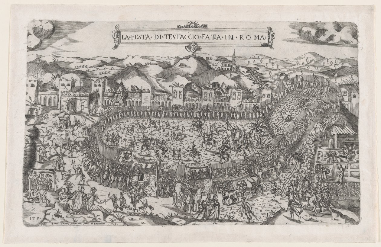 Rooman loiston peili: Karnevaalipelit, jotka pidettiin Testaccio-vuorella Roomassa, 1558, 1558 tekijältä Vincenzo Luchino
