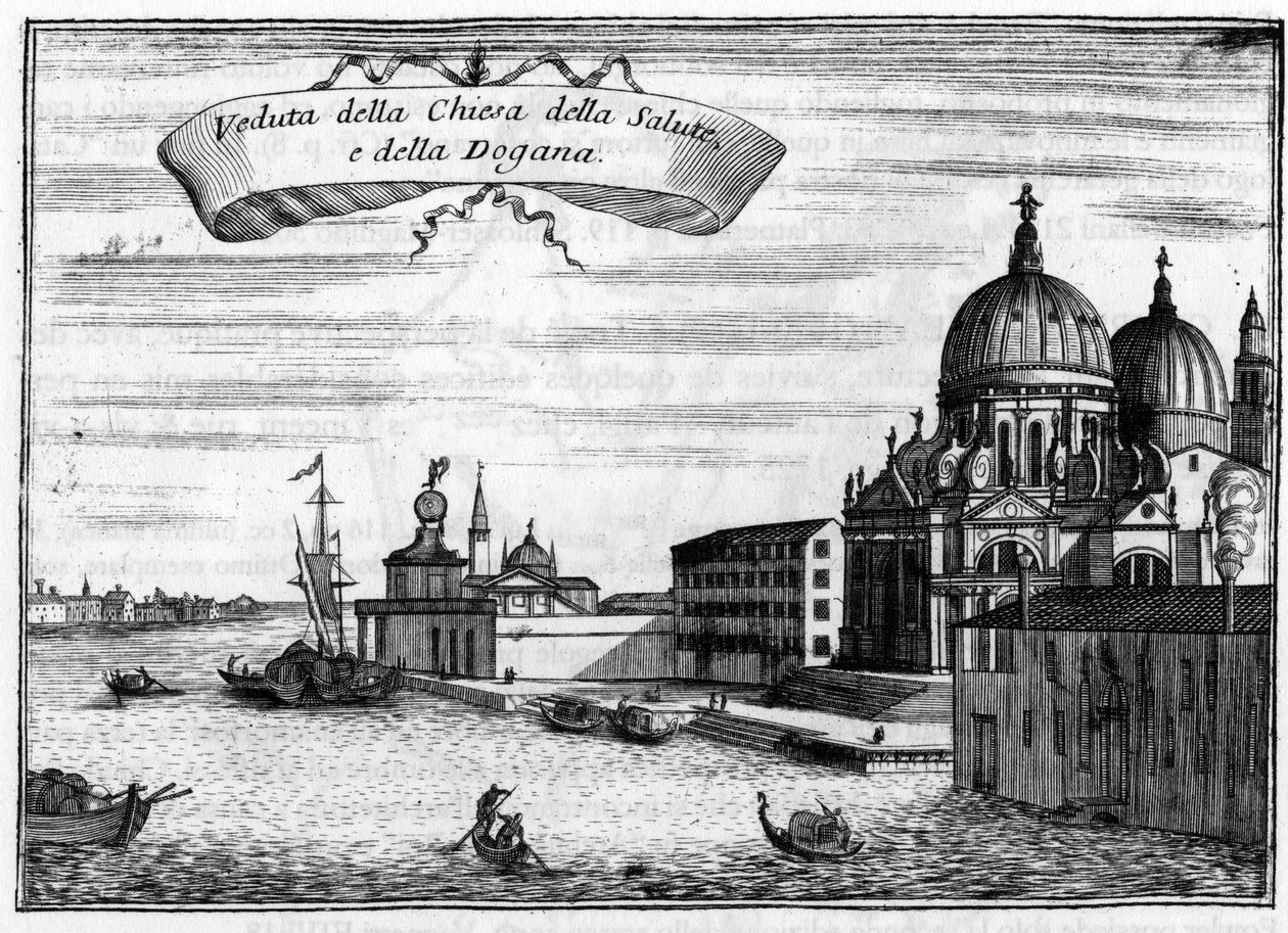 Venetsia, Italia. Arkkitehti Baldassare Longhenan suunnittelema Santa Maria della Saluten kirkko ja meritulli. Vincenzo Coronellin (1650-1718) teoksessa "Venetsia singularity" tekijältä Vincenzo Maria Coronelli