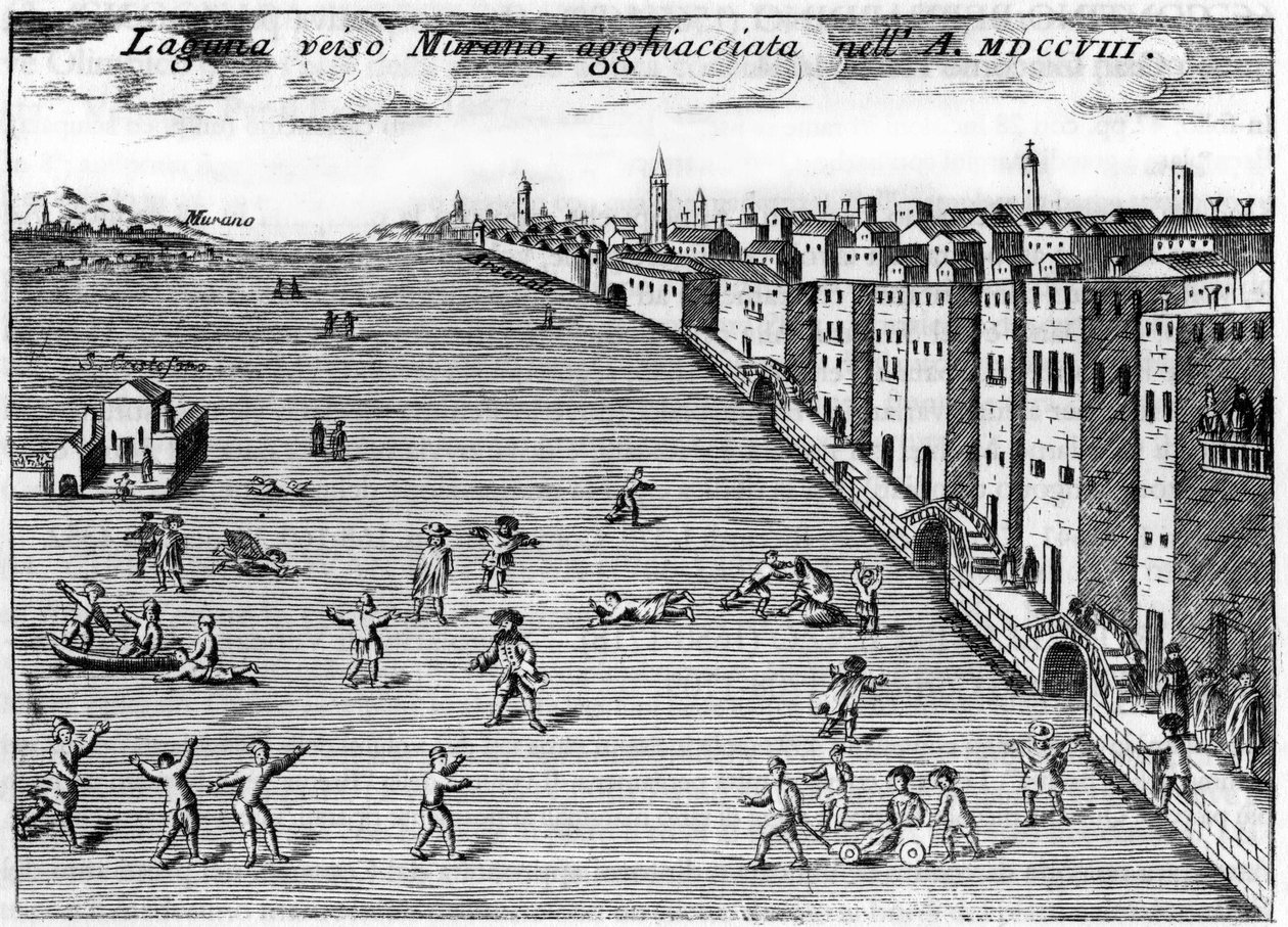 Venetsia, Italia. Lugune Muranon jäätä kohti vuonna 1708 Vincenzo Coronellin (1650-1718) teoksessa "Venetsia Singularity". tekijältä Vincenzo Maria Coronelli
