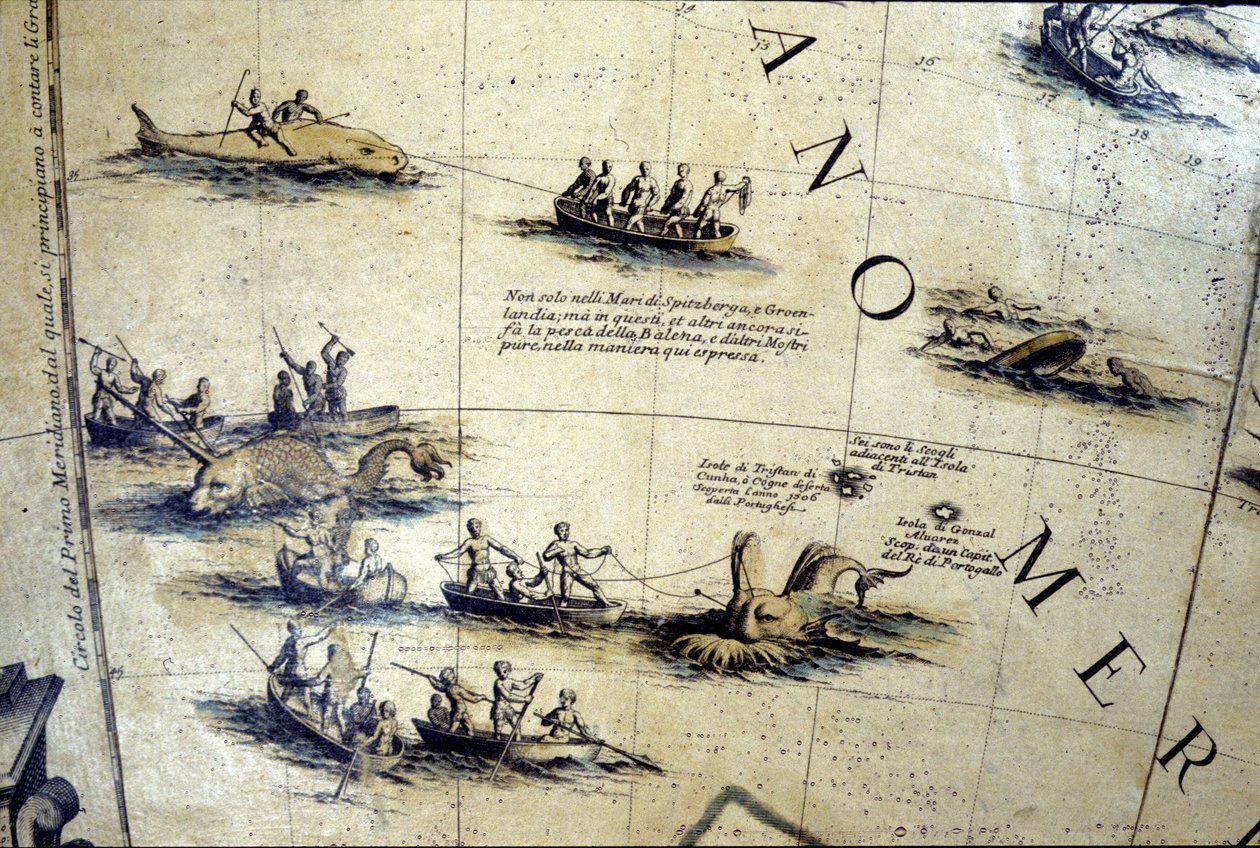 Valaanpyynti Tyynellämerellä. Yksityiskohta 1600-luvun Coronellin maapallosta. tekijältä Vincenzo Maria Coronelli