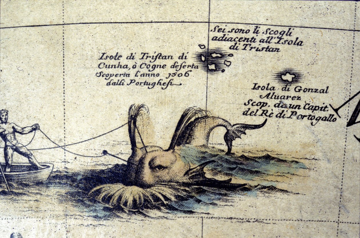 Valaanpyynti Etelä-Atlantilla Coronellin maapallon jälkeen. 17. vuosisata tekijältä Vincenzo Maria Coronelli