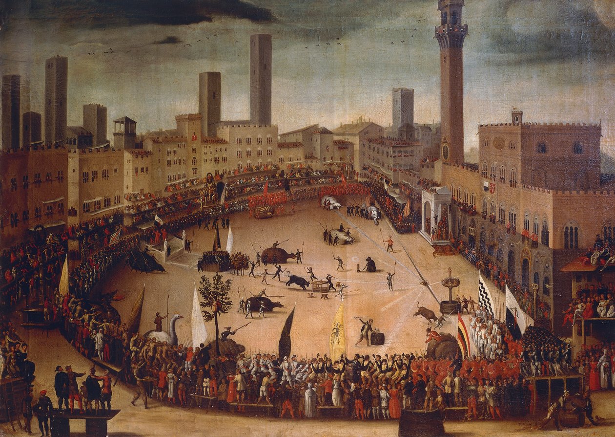 Härkämetsästystä Piazza del Campolla 1546, noin 1585, Vincenzo Rusticin (1556-1632) maalaus, öljy kankaalle tekijältä Vincenzo Rustici