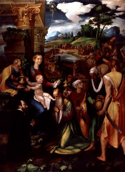 Maagien palvonta luovuttajan kanssa (öljy ja tempera paneelissa) tekijältä Vincenzo da (d.1557) Pavia