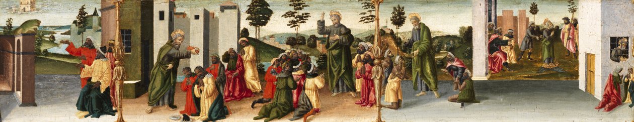 Tarina Pyhästä Tuomasta apostoli - Pyhä Tuomas kastaa Gundaphoruksen ja muita jaksoja, 1480-1500 tekijältä Vincenzo di Antonio Frediani