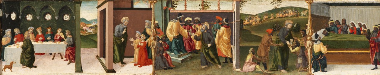 Tarina Pyhästä Tuomasta apostoli - Pyhä Tuomas kastaa Gundaphoruksen ja muita jaksoja, 1480-1500 tekijältä Vincenzo di Antonio Frediani