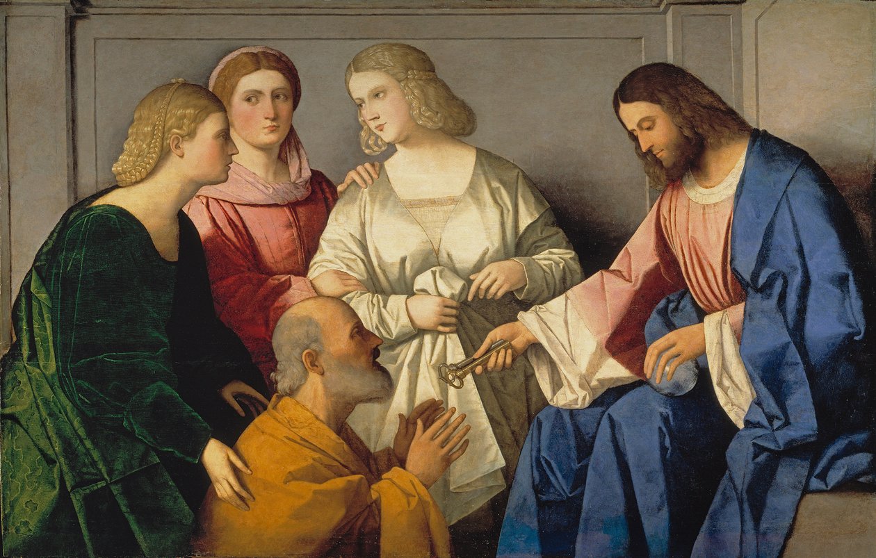 La Remise des clefs a Saint Pierre - Kristus antaa avaimet Pyhälle Pietarille - Catena, Vincenzo di Biagio (n. 1470-1531) - n. 1520 - Öljy puulle - 86x135 - Museo del Prado, Madrid tekijältä Vincenzo di Biagio Catena
