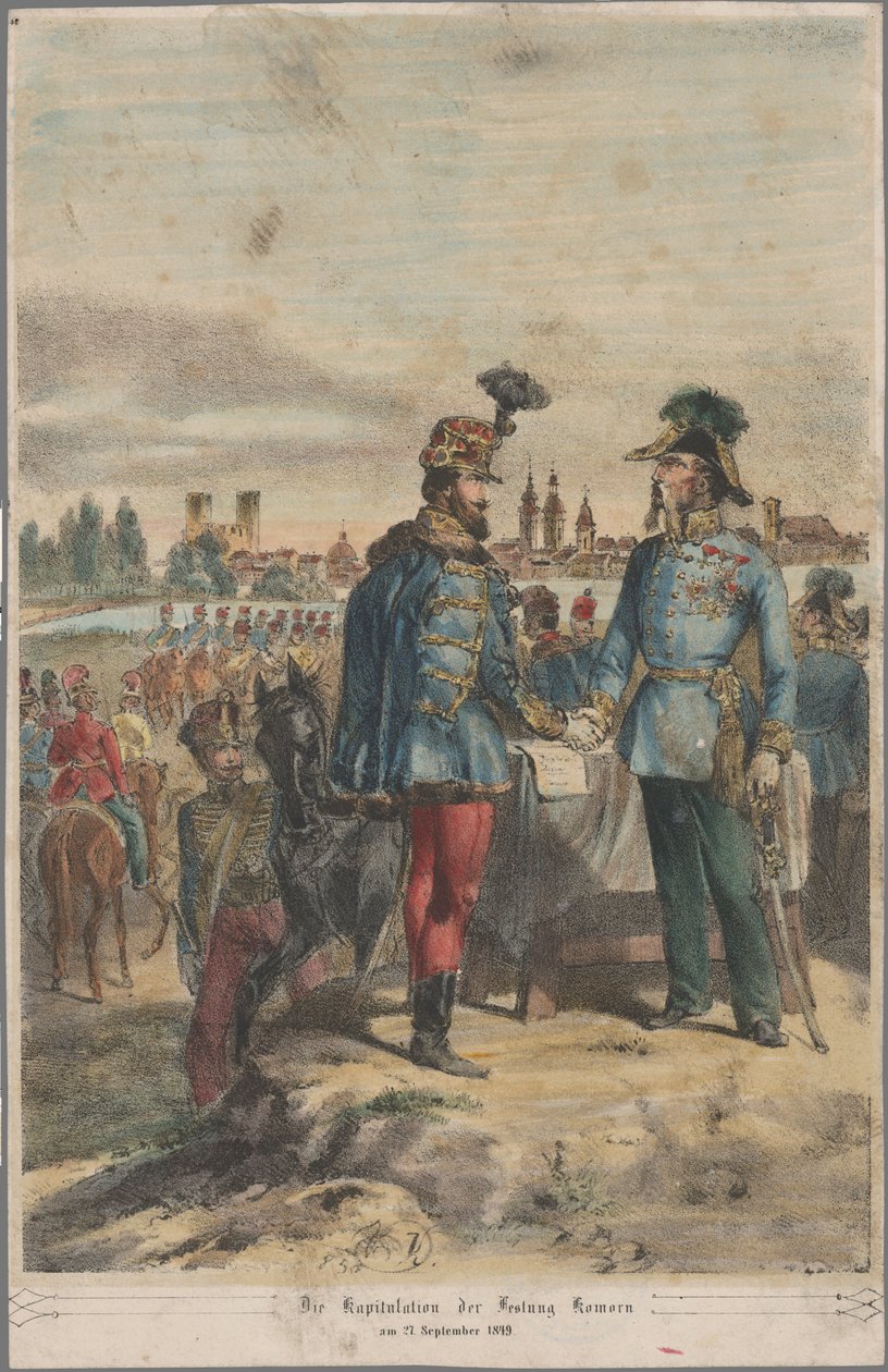 Kenraali György Klapka luovuttamassa Komáromin linnoitusta sotamarsalkka Jacob Julius von Haynaulle 2. lokakuuta 1849. tekijältä Vinzenz Katzler