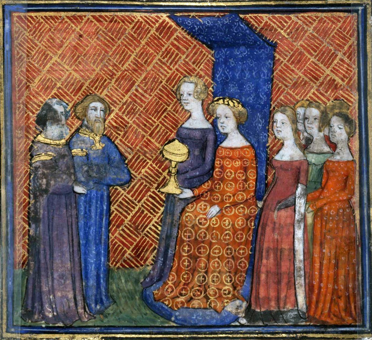 Kuningas Salomo vastaanottaa Saban kuningattaren Guiart des Moulinsin raamatunhistoriasta, 1400-1415 tekijältä Virgil Master