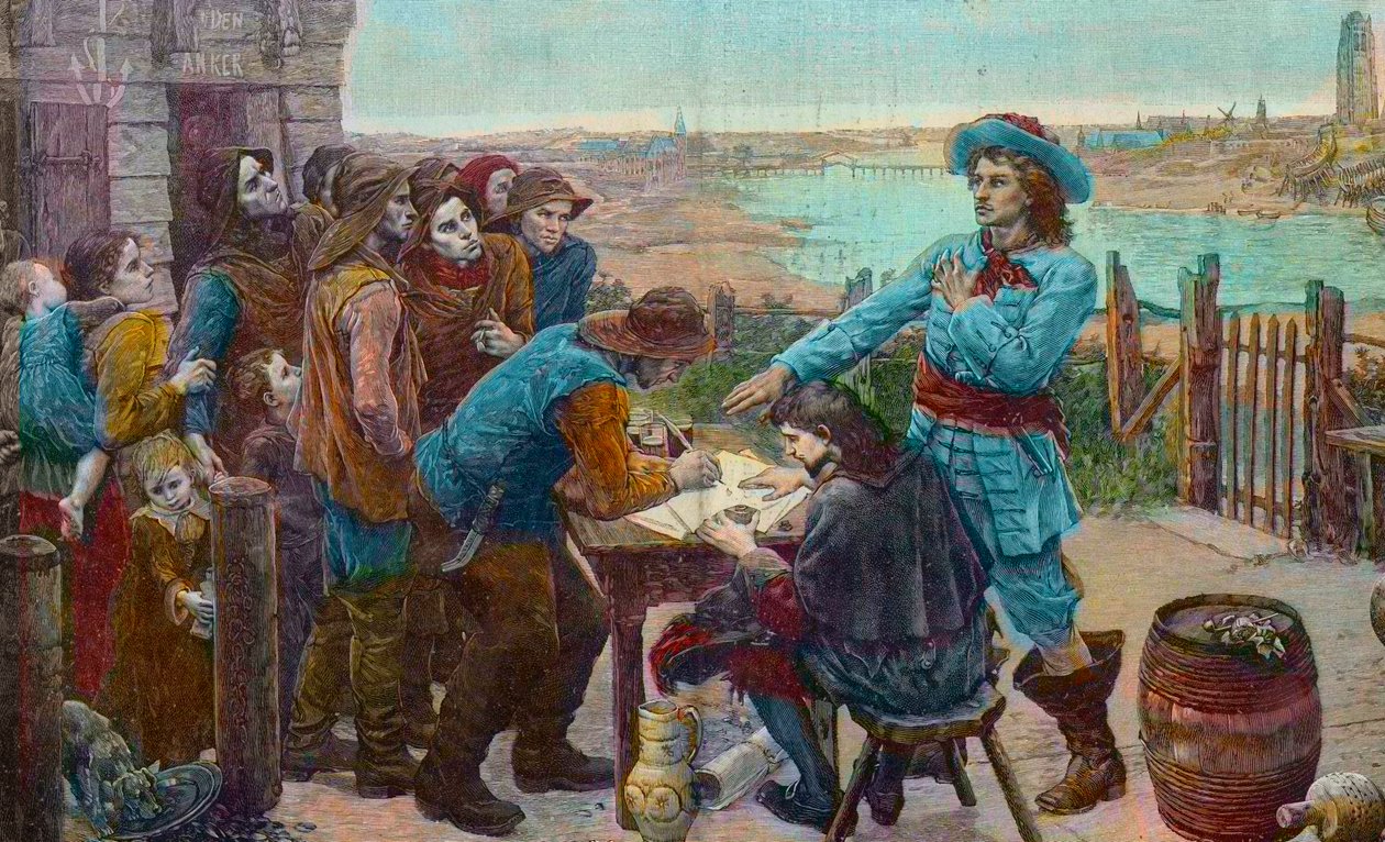 Ranskalainen yksityismies Jean Bart kalastajien kanssa Dunkerquessa - Yksityismies Jean Bart (1650-1702) Dunkerquen kalastajien kanssa - Kaiverrus Virginie Demont-Bretonin (Demont Breton) maalauksen jälkeen, joka tuhoutui toisen maailmansodan aikana) tekijältä Virginie Demont Breton
