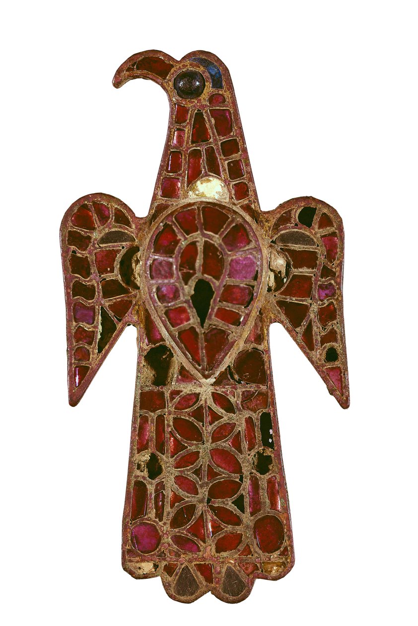 Innokkaan muotoinen visigoottilainen fibula, 6. vuosisata, pronssia ja lasitahnaa teknisen kloisonnin luona tekijältä Visigothic Visigothic