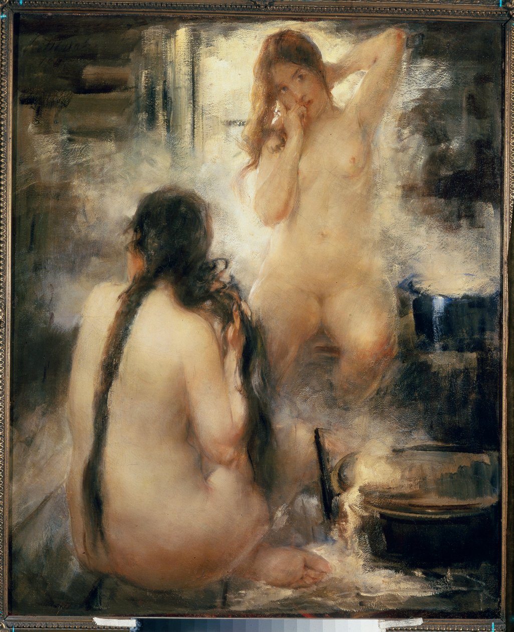 Dans un bain devapor (sauna) - Höyrysaunassa - Kaksi alastomaa nuorta naista kampaamassa hiuksiaan ja nauttimassa perinteisen venäläisen vesiterapian eduista - Vitali Gavrilovich Tikhovin (1876-1939) maalaus, öljy kankaalle, 1900-luvun alku - Venäläinen ta tekijältä Vitali Gvrilovich Tikhov