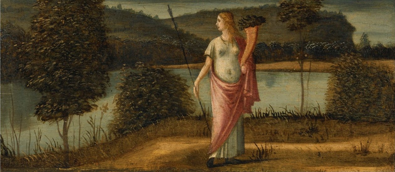 Alegorinen hahmo naisesta maisemassa pitäen keihää tekijältä Vittore Carpaccio