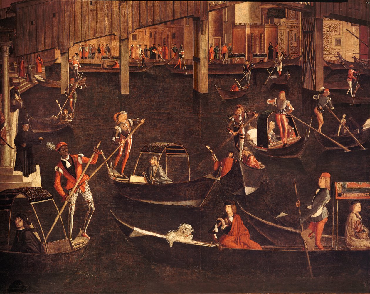 Gondolierit Grand Canalilla, yksityiskohta Rialton sillalla olevan tosi ristin jäännöksen ihmeestä, 1494 öljy kankaalle yksityiskohta 119437 tekijältä Vittore Carpaccio