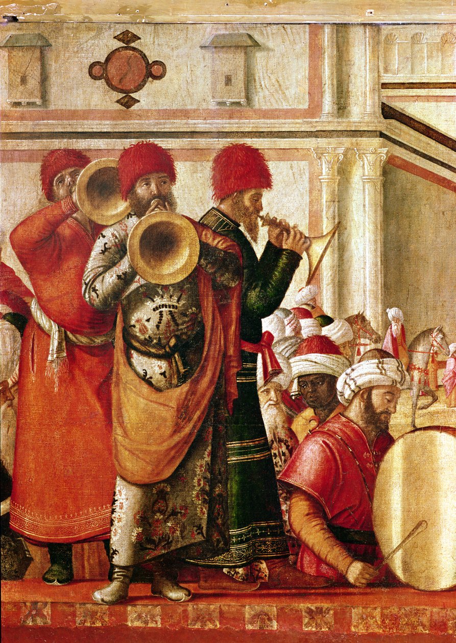 St. George kastaa pakanat, yksityiskohta muusikoista vasemmalla, 1501-07 tekijältä Vittore Carpaccio
