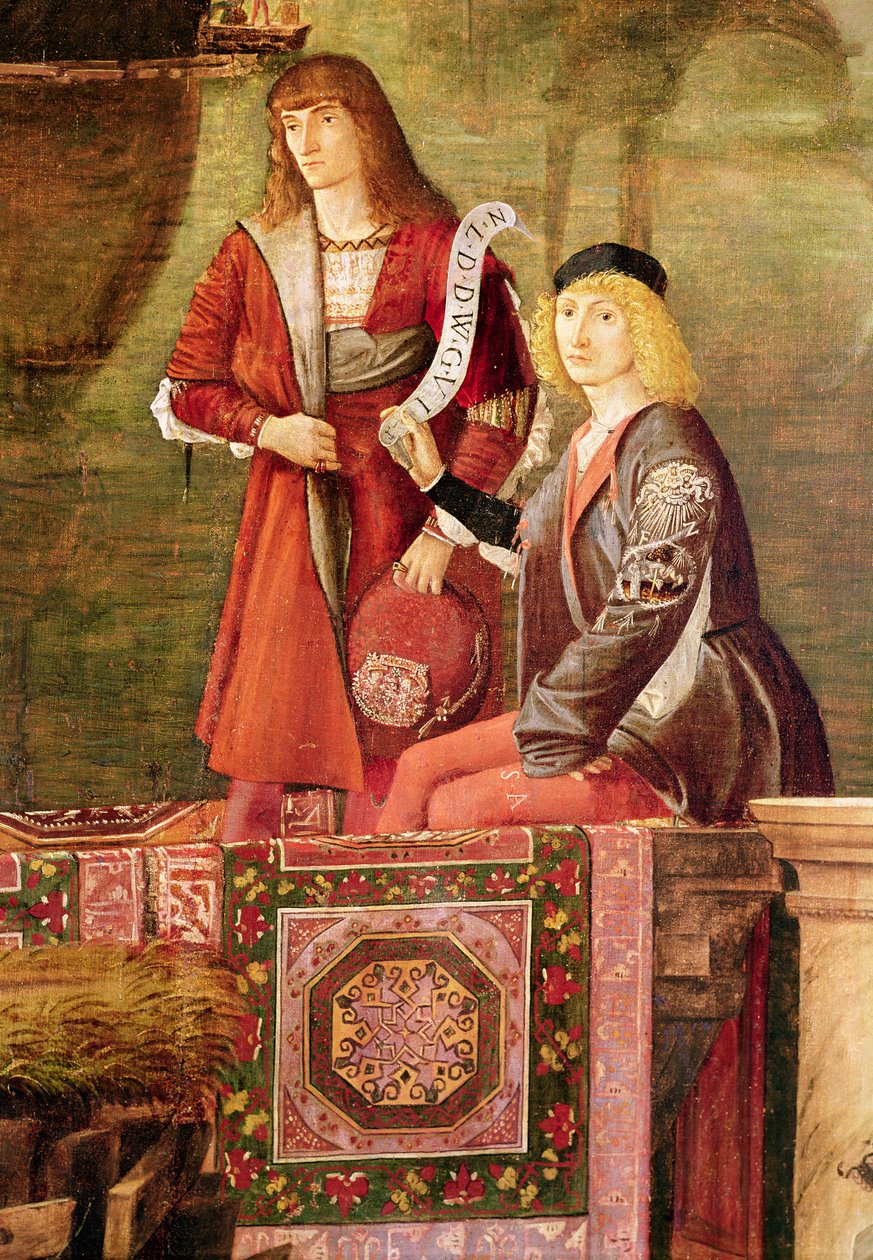 Etheriuksen ja Ursulan tapaaminen ja pyhiinvaeltajien lähtö, St. Ursula Cyclesta, yksityiskohta kahdesta miehestä keskustasta, 1495 tekijältä Vittore Carpaccio