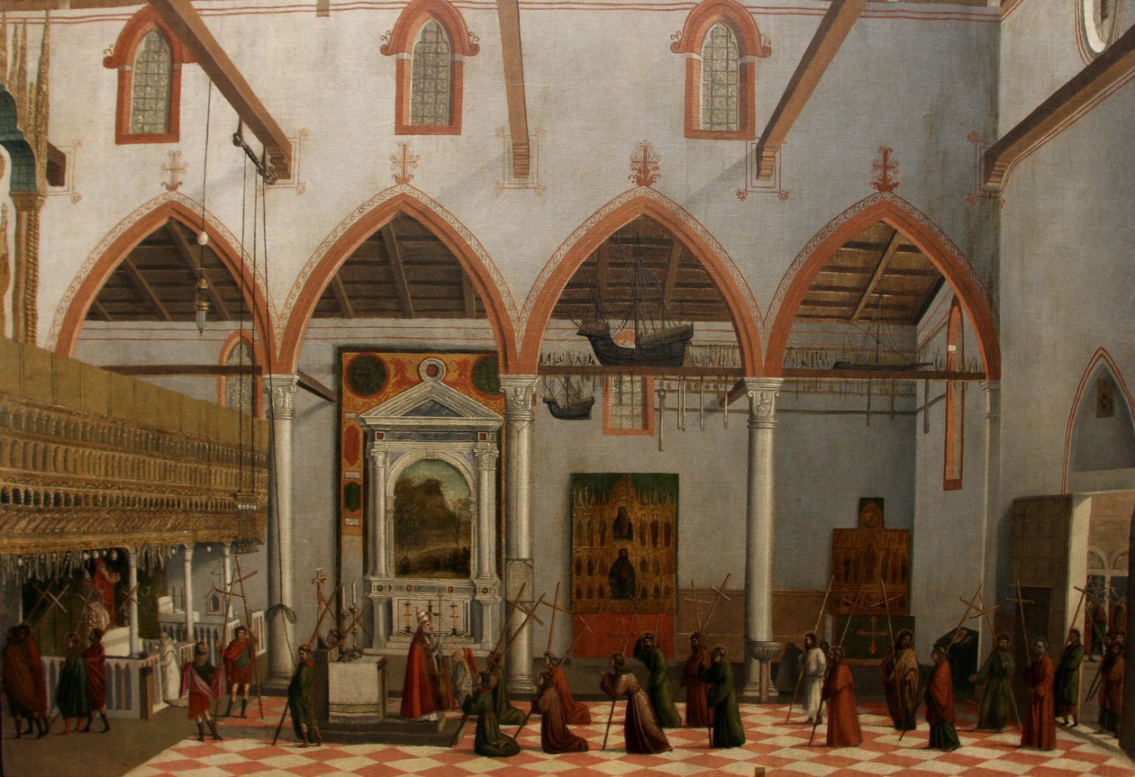 Visione del priore ottobon con lapparizione dei crocifissi del M.Ararat nella chiesa di S.Antonio di Castello tekijältä Vittore Carpaccio