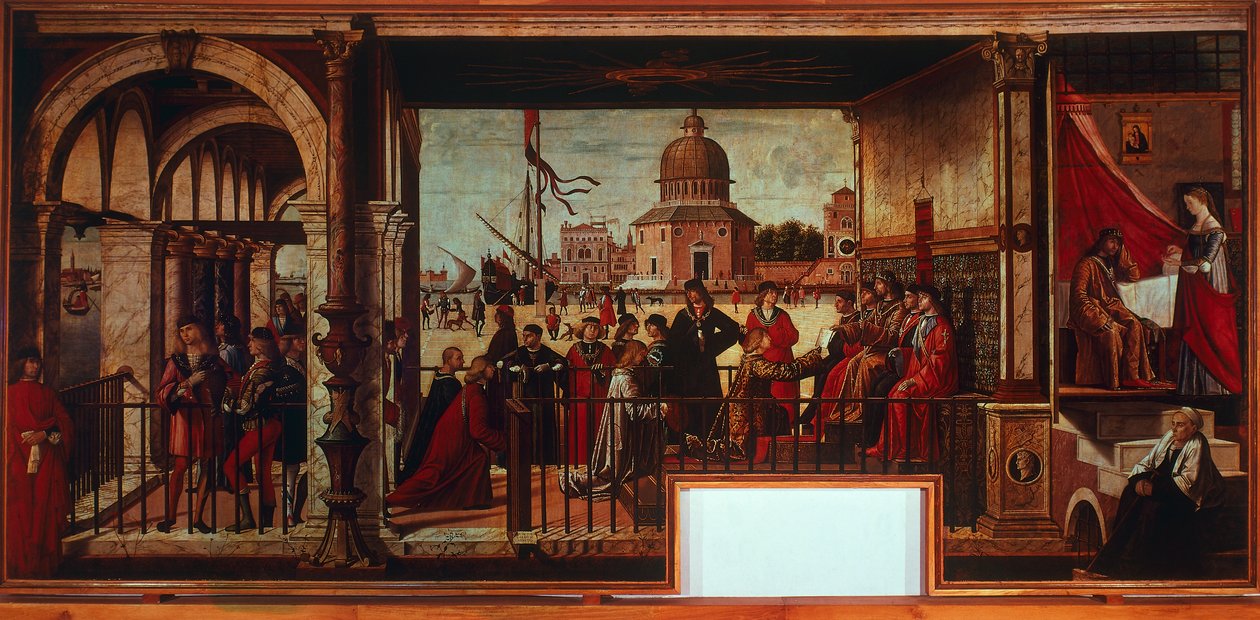 Englannin suurlähettiläiden saapuminen Bretagnen tuomioistuimeen (maalaus) tekijältä Vittore Carpaccio