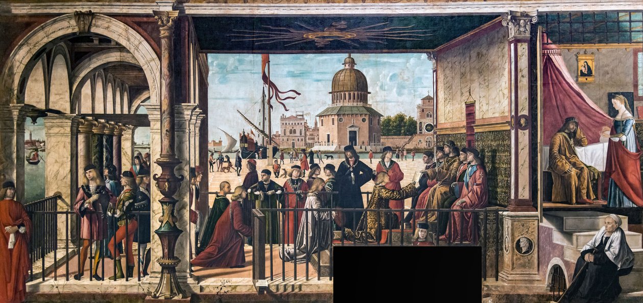 Englannin suurlähettiläiden saapuminen Bretagnen kuninkaan hoviin The Legend of..., 1495-150 tekijältä Vittore Carpaccio