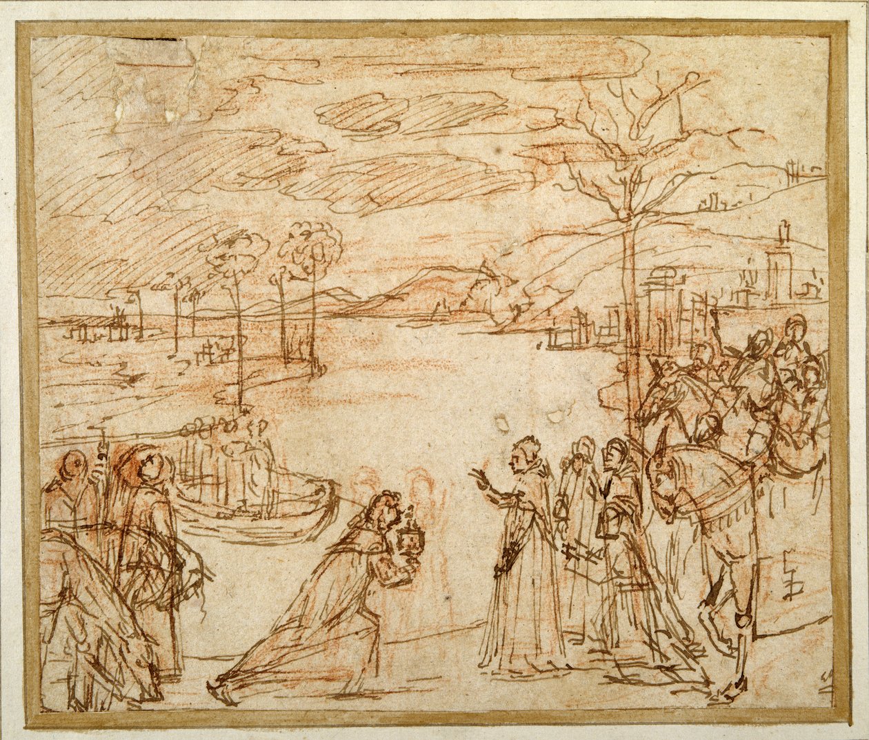 Kardinaali Bessarion esittelee kolmelle Venetsian Scuola della Caritan edustajalle pyhäinjäännöksen, jossa on fragmentti tosi rististä (kynä ja muste liidulla paperille) tekijältä Vittore Carpaccio