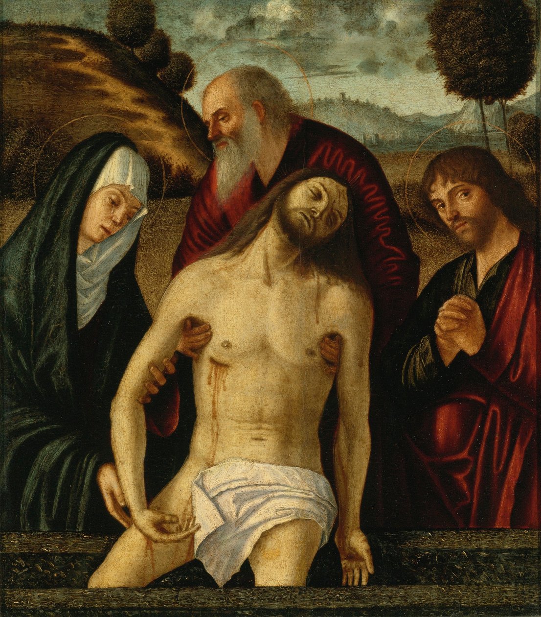 Carpaccio - LAMAMENTOINTI, MADONNA SEKÄ SAARNA JA SAARNAT JOSEPH ARIMATHEA JA JOHANNES EVANGELISTI, Perocco 4 tekijältä Vittore Carpaccio