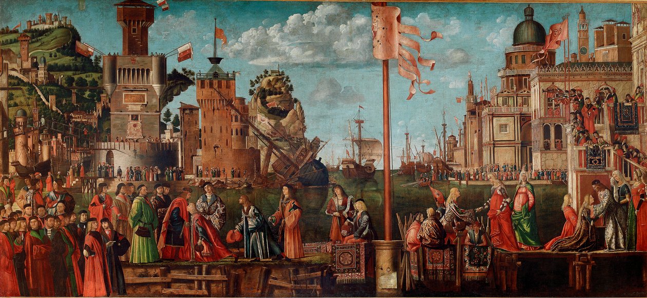 Pyhän Ursulan elämänkierto, neljäs jakso: Kihlojen tapaaminen ja lähtö Pelerinagessa. (öljy paneelissa tekijältä Vittore Carpaccio