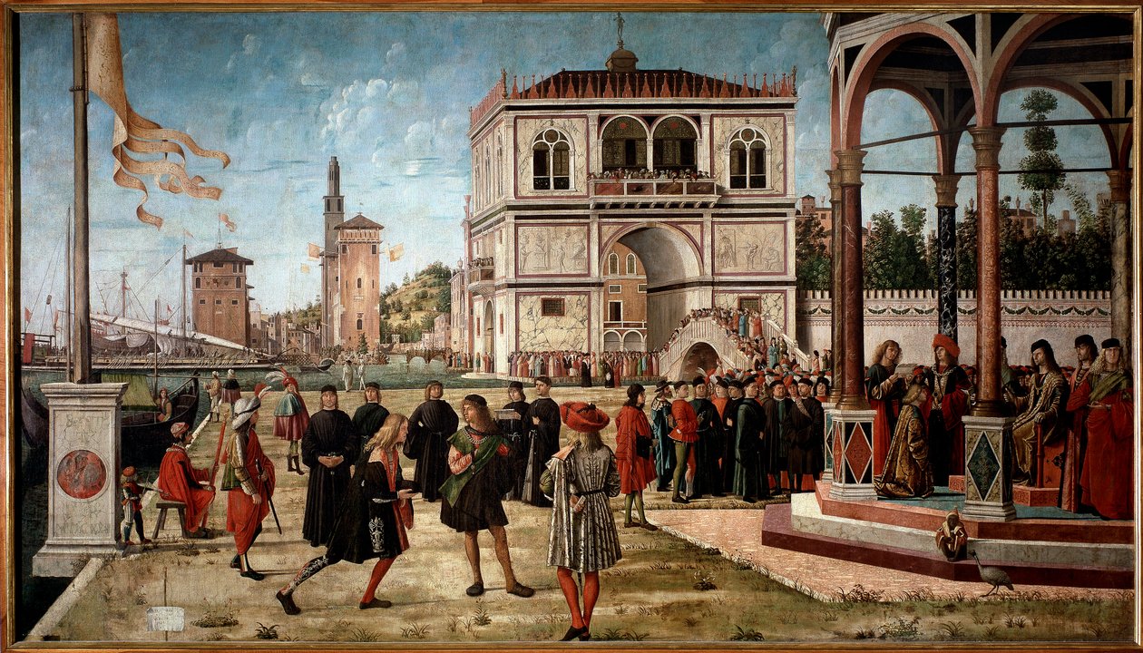 Pyhän Ursulan elämänkierto, kolmas jakso: Suurlähettiläiden paluu Englannin kuninkaan luo. (öljy paneelissa tekijältä Vittore Carpaccio