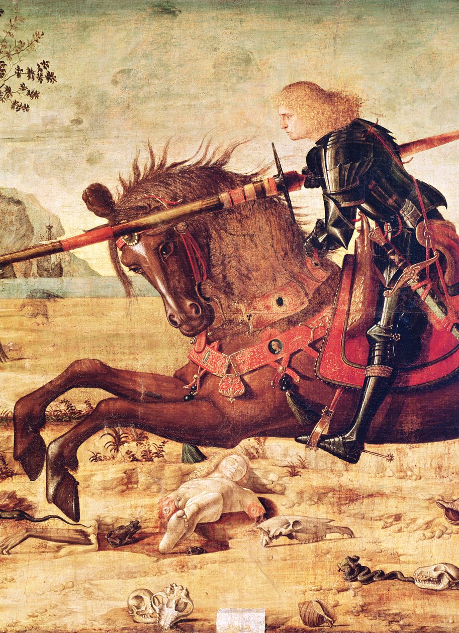 Yksityiskohta St. Georgesta, joka tappaa lohikäärmeen, n. 1502-07 tekijältä Vittore Carpaccio