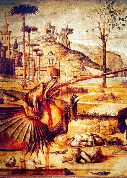 Yksityiskohta St. Georgesta, joka tappaa lohikäärmeen, n. 1502-07 tekijältä Vittore Carpaccio