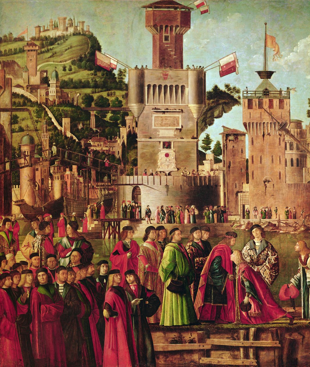 Yksityiskohta Etheriuksen ja Ursulan tapaamisesta ja pyhiinvaeltajien lähdöstä, St. Ursula Cycle, n. 1490-1496 (yksityiskohta 56472) tekijältä Vittore Carpaccio